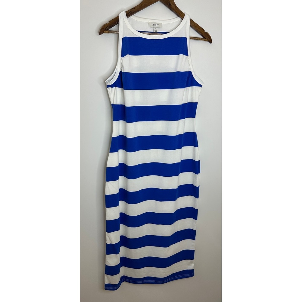 NEW On 34th Ringer Trim Sleeveless Knit Midi Dress Cobalt Blue Wht Stripe Large - Picture 2 of 15
